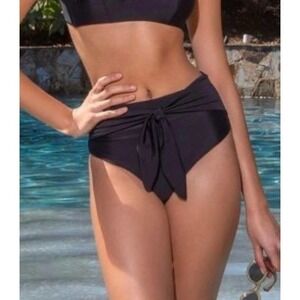 Swiminista Women’s High-Leg Tie Front Ruched Back Bikini Bottoms Size M  Black